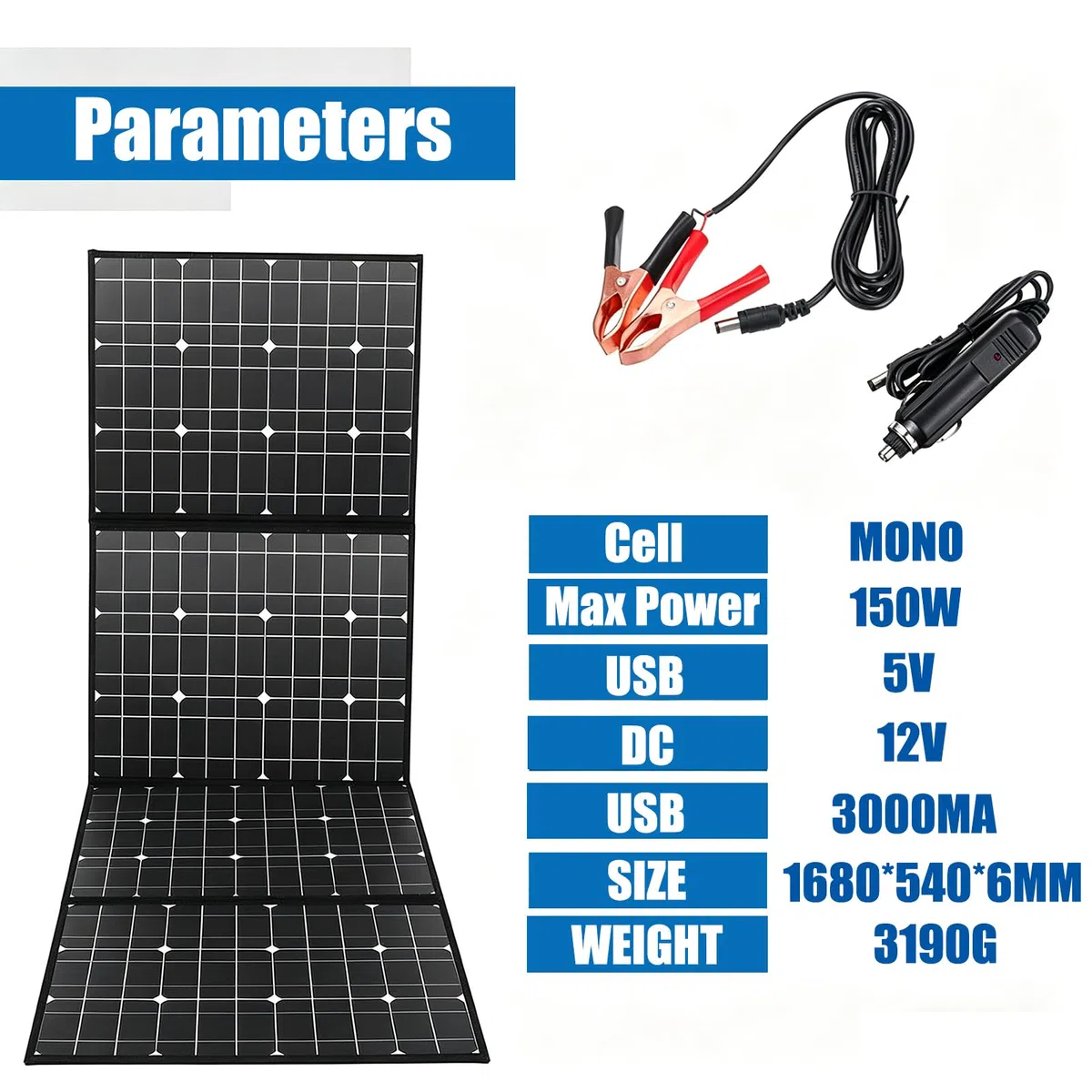 Kit Panneau Solaire éTanche, Panneau Solaire Pliable Ultra-Portable 150W avec Double Sortie Usb + DC, Sac Voyage LéGer Et Chargeur pour Campeurs, Camping-Cars Et Aventures Hors RéSeau,Black