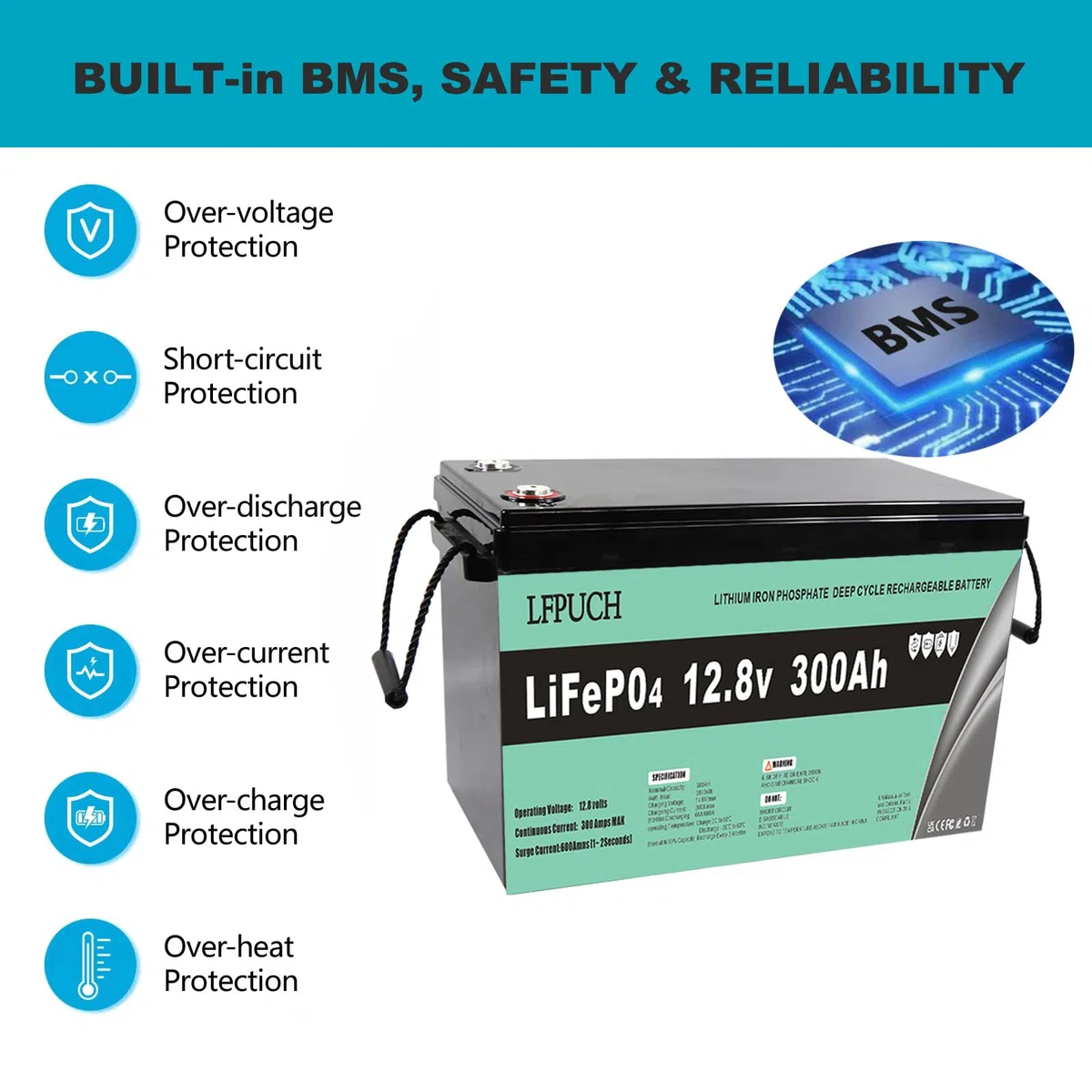 Leisure Lot de 4 batteries LiFePO4 de 12 V 300 Ah, au lithium fer phosphate de 15 kWh, peuvent être connectées en série à 48 V (51,2 V) 300 Ah, convient pour installations photovoltaïques