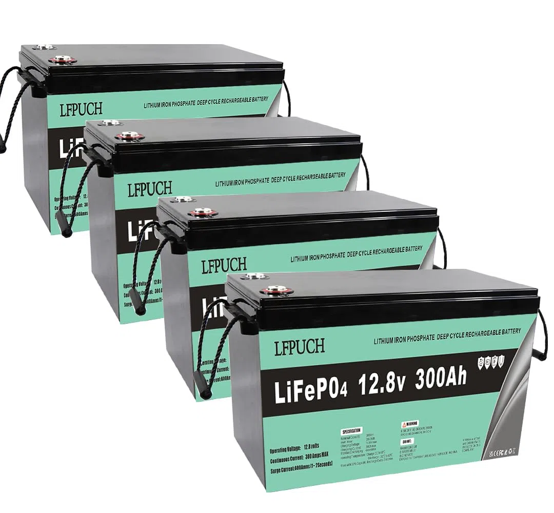 Leisure Lot de 4 batteries LiFePO4 de 12 V 300 Ah, au lithium fer phosphate de 15 kWh, peuvent être connectées en série à 48 V (51,2 V) 300 Ah, convient pour installations photovoltaïques