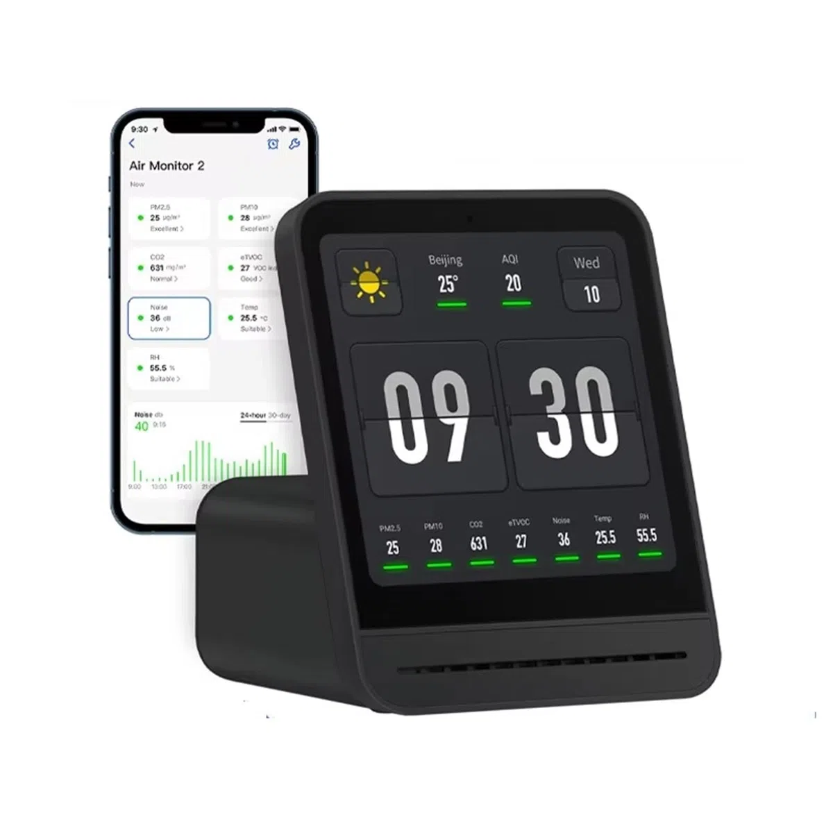 Moniteur de qualité de l'air, Capteur de température et d'humidité l'air, détecteur qualité CO2 PM2.5 Pour la maison(Zwart)
