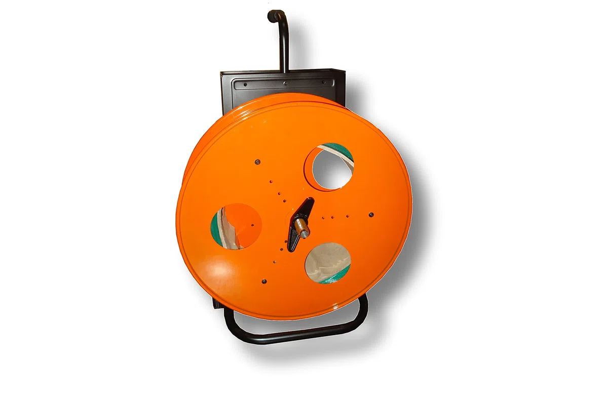 Dévidoir professionnel pour bandes de cerclage en tissu PP/PET - Avec plateau en métal - Portable - Orange/noir - Réglable pour les noyaux de 150/200/280 et 406 mm