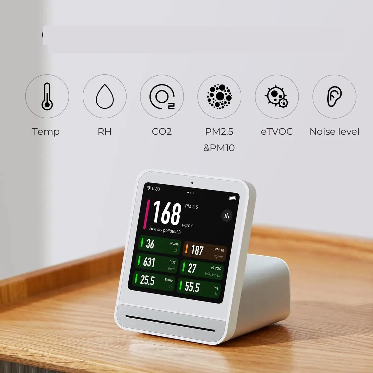 Moniteur de qualité de l'air, Capteur de température et d'humidité l'air, détecteur qualité CO2 PM2.5 Pour la maison(Zwart)